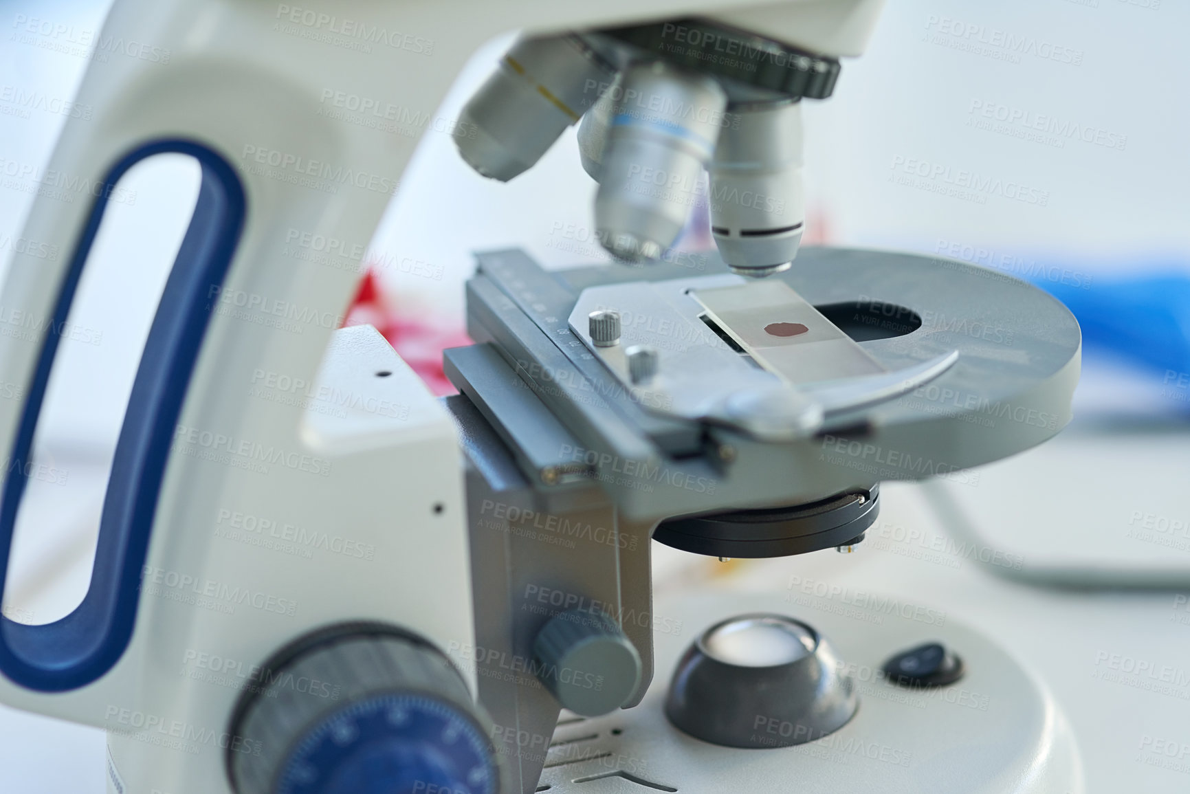 Buy stock photo Closeup shot of a microscope in a lab