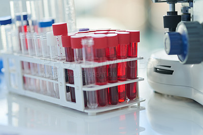 Buy stock photo Medical research, test tubes and tray for scientific analysis, experiment and innovation in closeup. Laboratory, investigation and blood sample for pharmaceutical development, pathology and medicine