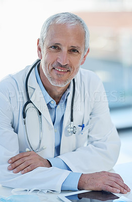 Buy stock photo Portrait, confident and mature doctor with tablet in clinic for research, information and treatment. Healthcare, technology and stethoscope in hospital for connection, medical care and happiness