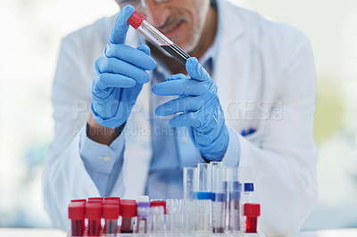 Buy stock photo Science, blood and hands of man with test tube for biotech engineering, pathology and hematology research. Laboratory, investigation and scientist checking diabetes drugs development in medical study