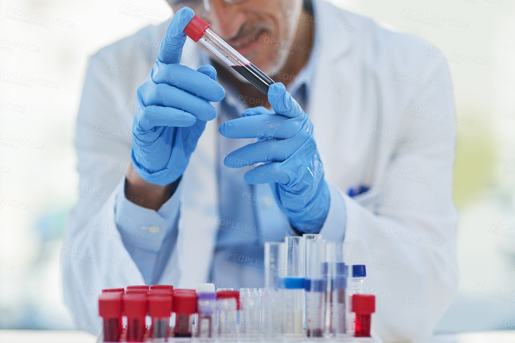 Buy stock photo Science, blood and hands of man with test tube for biotech engineering, pathology and hematology research. Laboratory, investigation and scientist checking diabetes drugs development in medical study