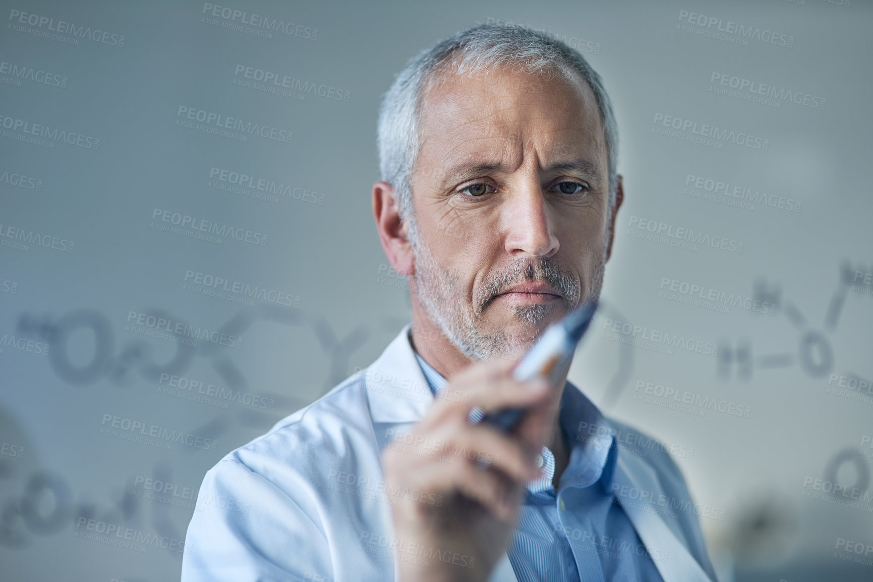 Buy stock photo Science, ideas and man in writing on glass in lab for biotech innovation, problem solving and medical research. Laboratory, brainstorming and scientist at whiteboard for pharmaceutical development.