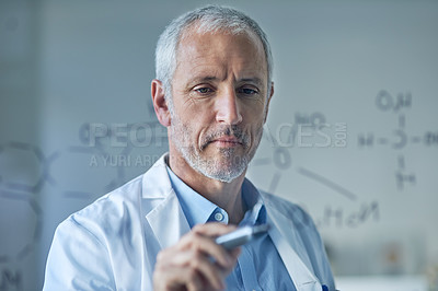 Buy stock photo Scientist, thinking and write on glass for chemical compound, formula and research in lab. Mature man, pharmacy and molecule for methanol in medicine for vaccine, experiment and science in laboratory