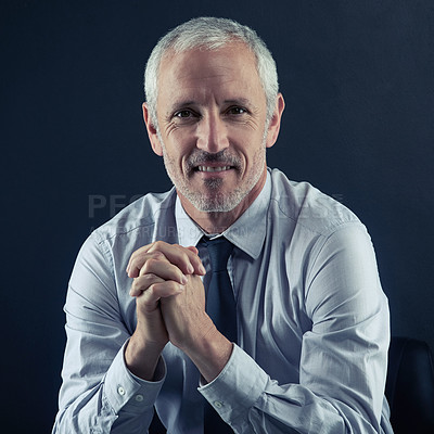 Buy stock photo Businessman, mature and portrait with smile on dark background with confidence for manager or ceo. Person, trust and happy for ambition with boss in accounting in Italy with handsome, pride and work