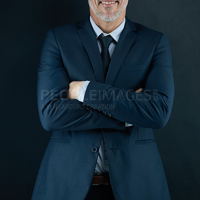 Buy stock photo Suit, smile and businessman with arms crossed in studio for corporate, legal career or confidence. Lawyer, mature professional and happy with pride for law firm, executive and job on black background