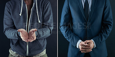 Buy stock photo Before and after, poor and businessman in studio to compare of begging, struggle and poverty to success or wealth. Man, achievement and time for growth or opportunity, desperate and entrepreneur boss