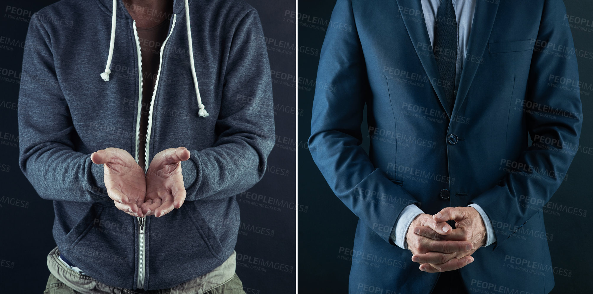 Buy stock photo Before and after, poor and businessman in studio to compare of begging, struggle and poverty to success or wealth. Man, achievement and time for growth or opportunity, desperate and entrepreneur boss