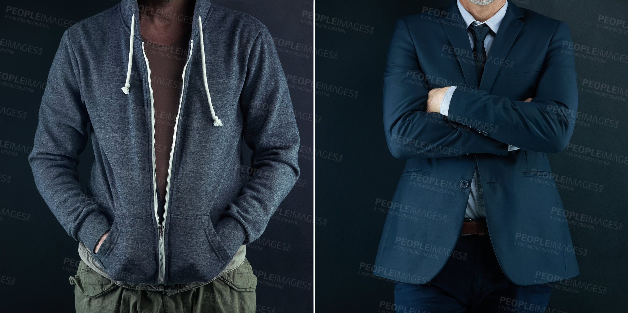 Buy stock photo Before and after, poor and businessman in studio to compare of adversity, struggle and poverty to success or wealth. Man, confident and time for growth or opportunity, desperate and entrepreneur boss