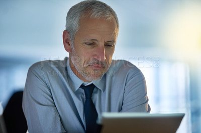 Buy stock photo Business, mature and man with tablet in office by desk as director for research or information on project growth. Formal, male boss and digital technology on website for ideas of company development 