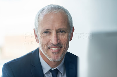 Buy stock photo Happy, portrait and mature businessman with computer in office for email, connectivity and internet. Male ceo, corporate and technology in workplace for communication, reading and online for career 