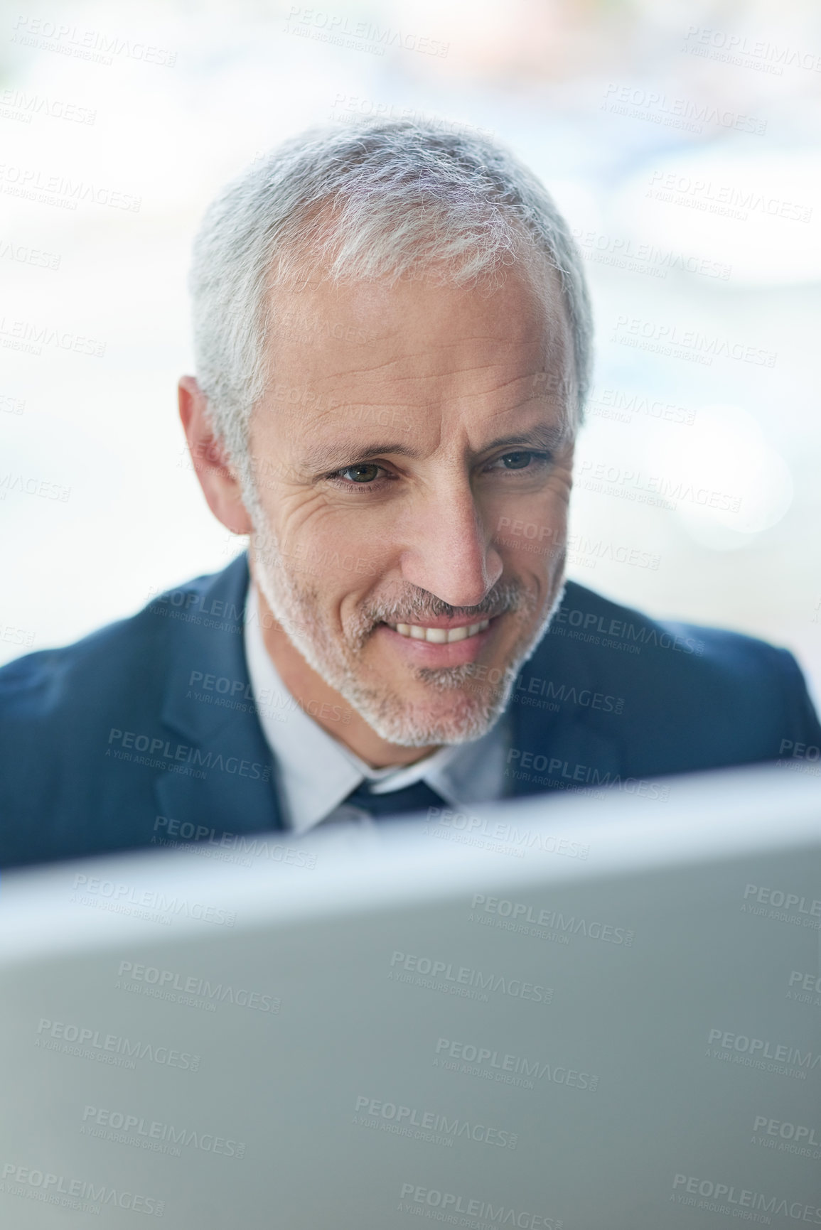 Buy stock photo Happy, mature businessman and computer in office for email, connectivity and internet. Male ceo, corporate and technology in workplace for communication, reading and online conversation for career 