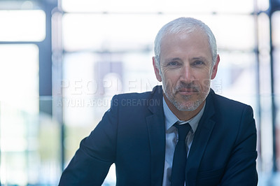 Buy stock photo Portrait, mature and businessman in office, corporate  and company manager or executive. Successful, entrepreneur, and workplace in leader, professional and director or confident in New York, mock up