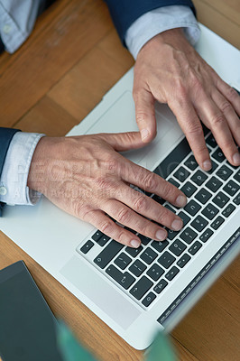 Buy stock photo Top view, hands of businessman and laptop for typing in office for email, news research and connect. Professional, journalist or content writer as career, technology and male employee in workplace