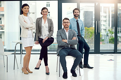 Buy stock photo Portrait of a group of businesspeople together in a modern office