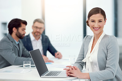 Buy stock photo Happy woman, portrait and laptop in office for project management, startup and teamwork. Businessmen, female person and smile in workplace for international company, partnership and collaboration