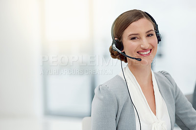 Buy stock photo Portrait, consultant and woman with headset in office for career, smile or telemarketing. Professional, business person or call agent for advice, support or answer questions for customer service