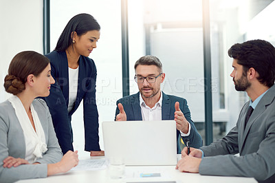 Buy stock photo Business, people and boardroom with laptop for teamwork, collaboration and employee training with mentor. Support, help and learning with smile for career or company growth on feedback and report