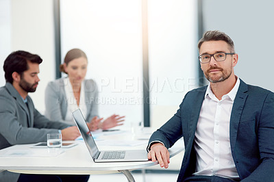 Buy stock photo Businessman, portrait and laptop in modern office for project management, startup and teamwork. Male ceo, corporate and pride in workplace for international company, partnership and collaboration