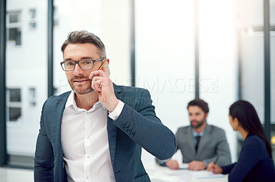 Buy stock photo Portrait, businessman and phone call for networking with communication, conversation and workers in office. Male person, ceo and leader in meeting, talking or smartphone at group seminar in workplace