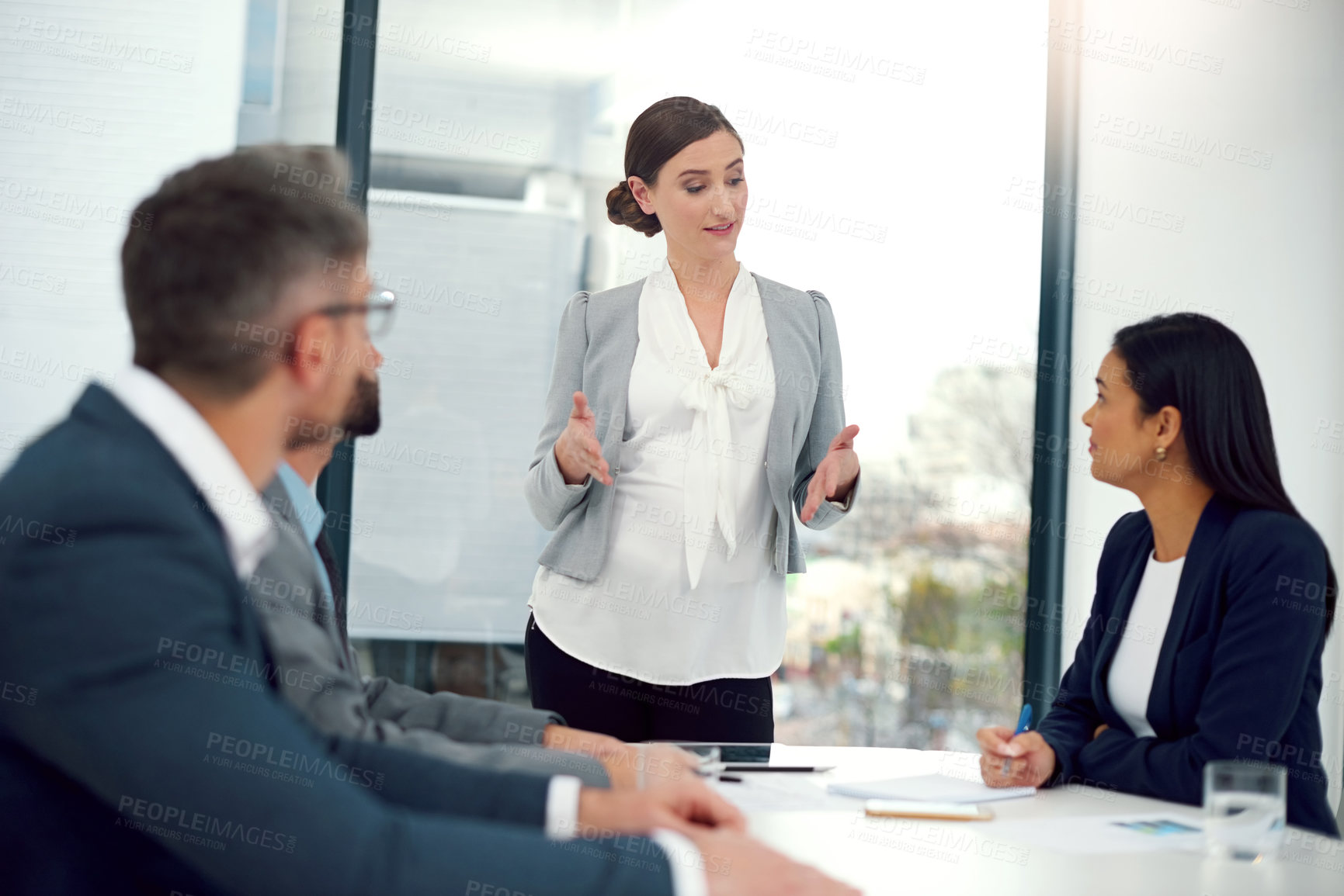 Buy stock photo Business, woman and boardroom with meeting for teamwork, collaboration and feedback on company growth as leader. Entrepreneur, clients and people at office with strategy, report and progress