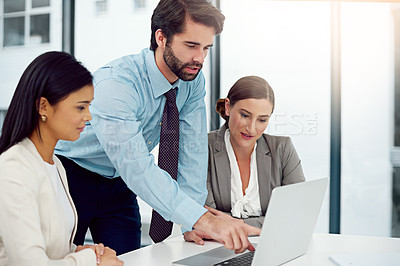 Buy stock photo Business, people and office with laptop for teamwork, collaboration and employee training for project. Support, help and learning with technology for career growth, progress and company performance