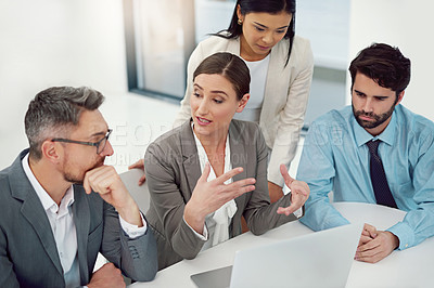 Buy stock photo Group, business and people in office with computer for strategy, meeting with collaboration for pitch. Diversity, workplace or coworking with laptop for review of company, leader or manager with plan