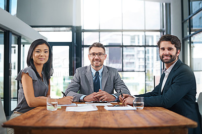 Buy stock photo Collaboration, meeting and portrait of business people in conference room for discussion, planning and teamwork. Corporate, diversity and employees with documents for synergy, partnership or review 