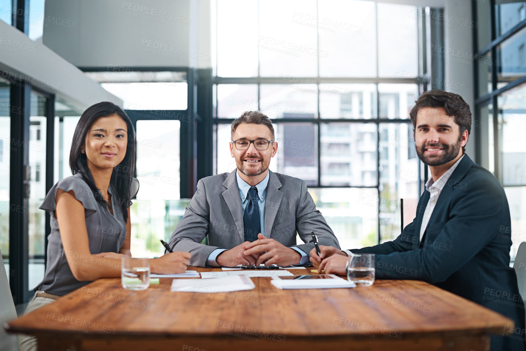 Buy stock photo Collaboration, meeting and portrait of business people in conference room for discussion, planning and teamwork. Corporate, diversity and employees with documents for synergy, partnership or review 