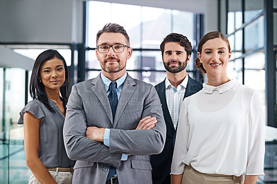 Buy stock photo Portrait, collaboration and leadership with business people arms crossed in office together for corporate management. Company, trust and manager with team in workplace for professional partnership