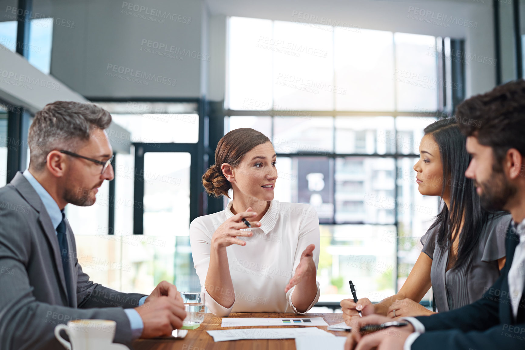 Buy stock photo Financial, planning and people in meeting at office with strategy for budget from project manager. Business, communication and schedule collaboration in London company with discussion of document 