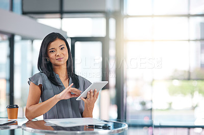 Buy stock photo Business, woman and portrait with tablet in office building as digital designer or company, market research or confident. Female person, face and web design or internet connection, app or startup