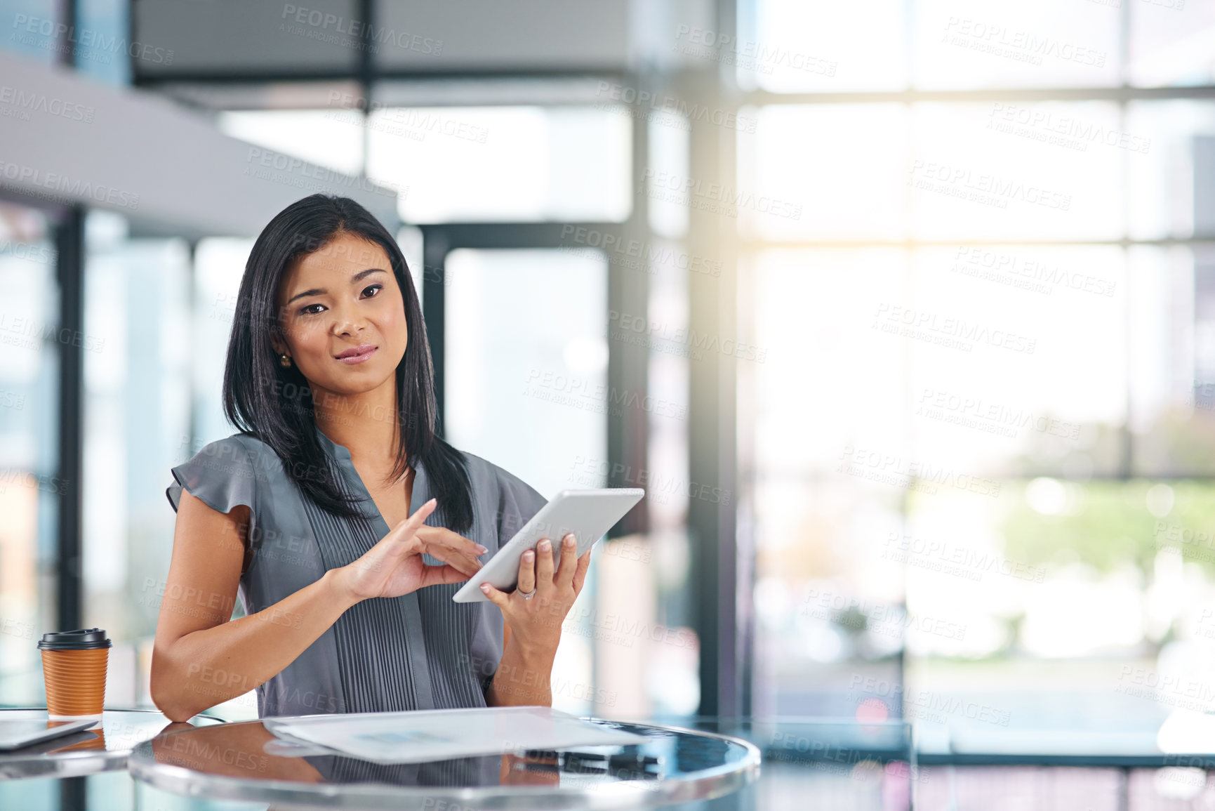 Buy stock photo Business, woman and portrait with tablet in office building as digital designer or company, market research or confident. Female person, face and web design or internet connection, app or startup