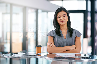 Buy stock photo Administration, portrait and woman with arms crossed and paperwork in office with tablet in China. Confidence, proud and Asian worker ready for business or documents in project at desk in company