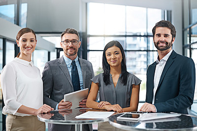 Buy stock photo Portrait, tablet and diversity in office for collaboration with proud employees, online and confidence. Lawyers, corporate and global group for work at law firm with technology, case review and web