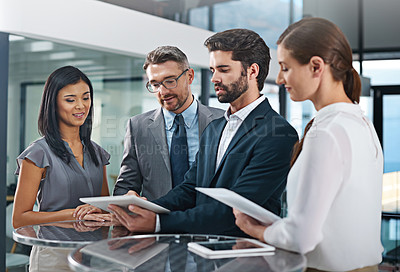 Buy stock photo Communication, people and meeting in office with tablet for business report or online growth with information sharing. Manager, employees and digital tech for feedback, corporate and career in sales.