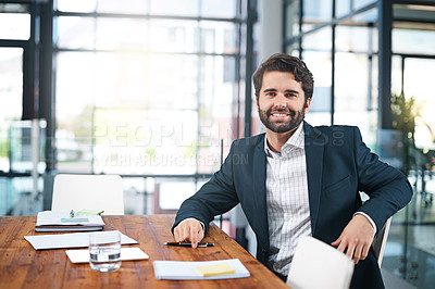 Buy stock photo Man, portrait and notes in boardroom for planning, accountant and paperwork for investment. Male person, employee and entrepreneur of financial firm, papers and proud of startup company at table