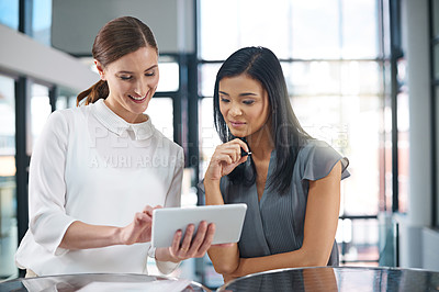 Buy stock photo Tablet, teamwork or business women in office for project, conversation or discussion for research report. Collaboration, talking or colleagues in meeting planning with tech or financial news online 