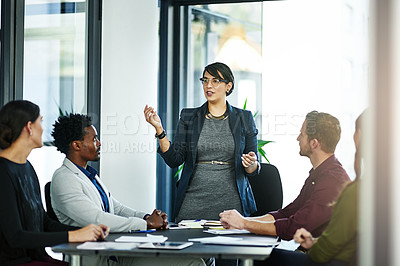 Buy stock photo Business people, presentation and team with coach for boardroom discussion, meeting or collaboration. Group of employees listening to presenter for company strategy, mission or planning at the office