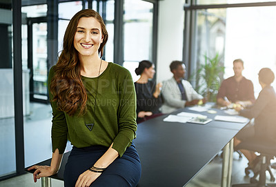 Buy stock photo Business woman, meeting and intern portrait with public relations worker and team in office. Startup, employee and confidence at a company with smile in job boardroom with speaker ready for training 
