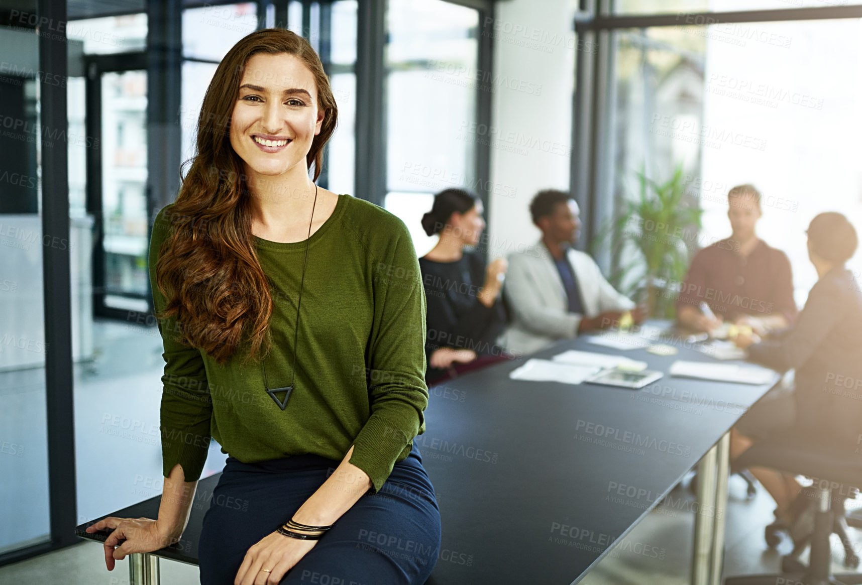 Buy stock photo Business woman, meeting and portrait in boardroom with PR worker and team in office. Startup, employee and confidence at a company with smile in job boardroom with speaker ready for training 
