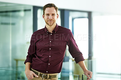 Buy stock photo Portrait, confidence and man in office with smile, opportunity and happy at creative business startup. Relax, professional and businessman in lobby at design agency with pride, career and workplace