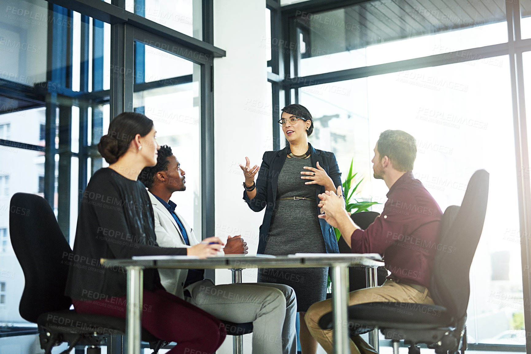 Buy stock photo Business people, meeting and team with coach for presentation, collaboration or boardroom discussion. Group of employees listening to presenter for company strategy, mission or planning at the office