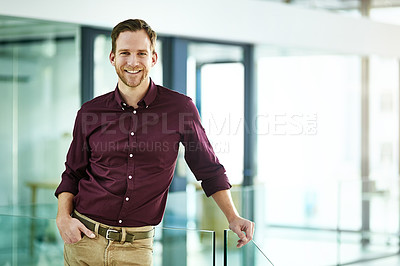 Buy stock photo Portrait, confidence and man in office with mockup, opportunity and happy at creative business startup. Relax, professional and businessman in lobby at design agency with pride, smile and happy job