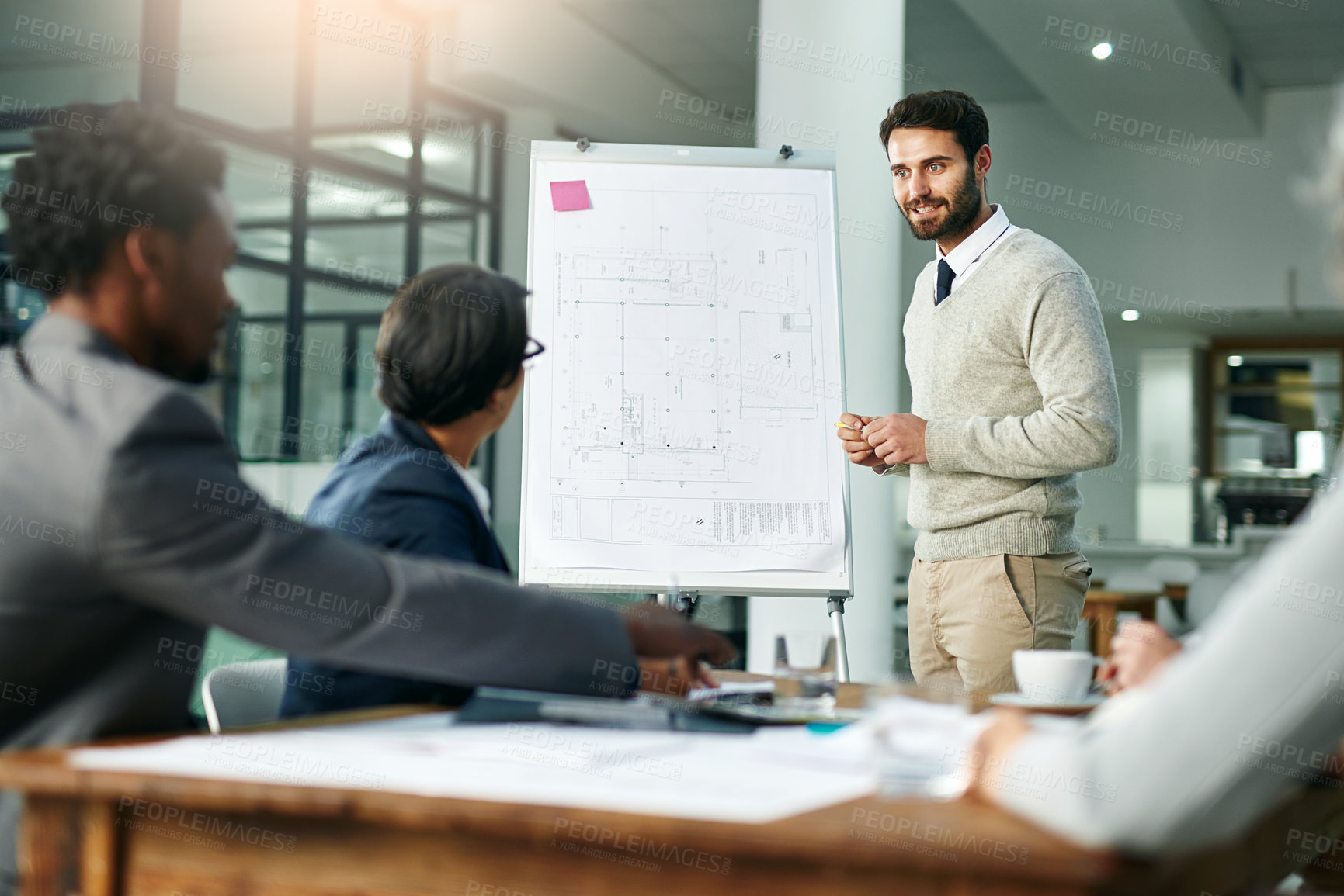 Buy stock photo Meeting, presentation and whiteboard with architect man in boardroom of office for planning. Building, construction or project management with design engineer in workplace for training workshop