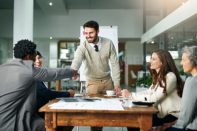 Buy stock photo Handshake, people or architect in presentation in meeting for collaboration, deal or architecture business. Engineering, development or happy designer shaking hands with property investor in planning