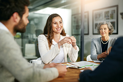 Buy stock photo Engineering, architecture and happy woman in meeting planning for building, construction and blueprint. Business, collaboration and designers talking in negotiation with investors for development