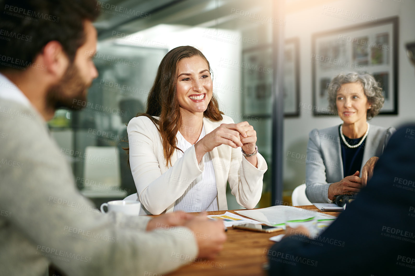 Buy stock photo Engineering, architecture and happy woman in meeting planning for building, construction and blueprint. Business, collaboration and designers talking in negotiation with investors for development