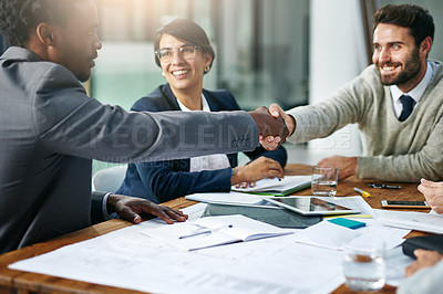 Buy stock photo Team, handshake and agreement in office for business, development and project management in corporate with tech. Group, businesspeople and paperwork for promotion, collaboration and welcome at work