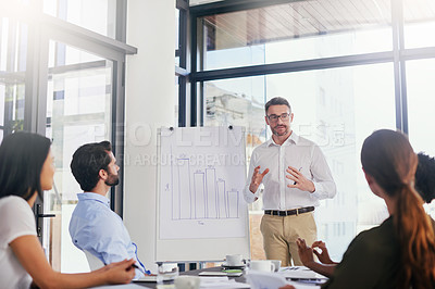 Buy stock photo Meeting, male leader and boardroom in office with colleagues, graphs and presentation for business planning. Communication, management and strategy discussion,  financial analysis and accounting firm