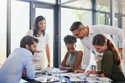 Buy stock photo Diversity, team and business meeting for discussing, documents  and office. Teamwork, communication and boardroom for success, partnership and sharing ideas or analysis, employee and collaboration